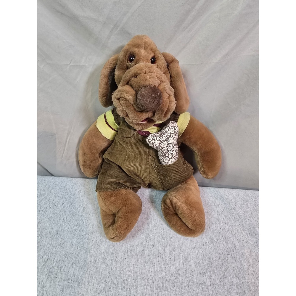 rare 1981 Ganz Bros WRINKLES Brown Dog 17" Hand Puppet Plush w/ Overalls Vintage